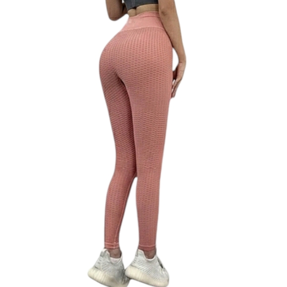 Cacia High Rise Scrunch Butt Honeycomb Bubble Jacquard Pink Slimming Leggings L - Picture 16 of 16